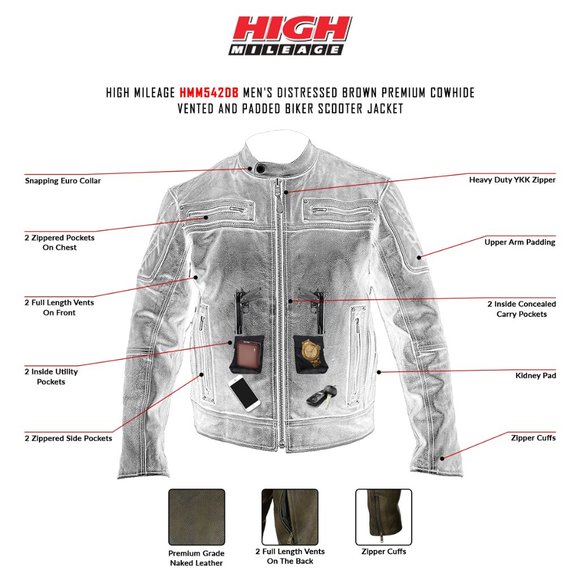 Men's High Mileage Distressed Brown Padded Vented Leather Scooter Jacket - Picture 4 of 4